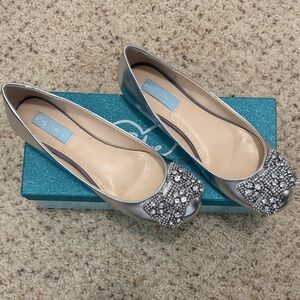 Betsey Johnson Silver Flats with Crystal Bow
New with Box